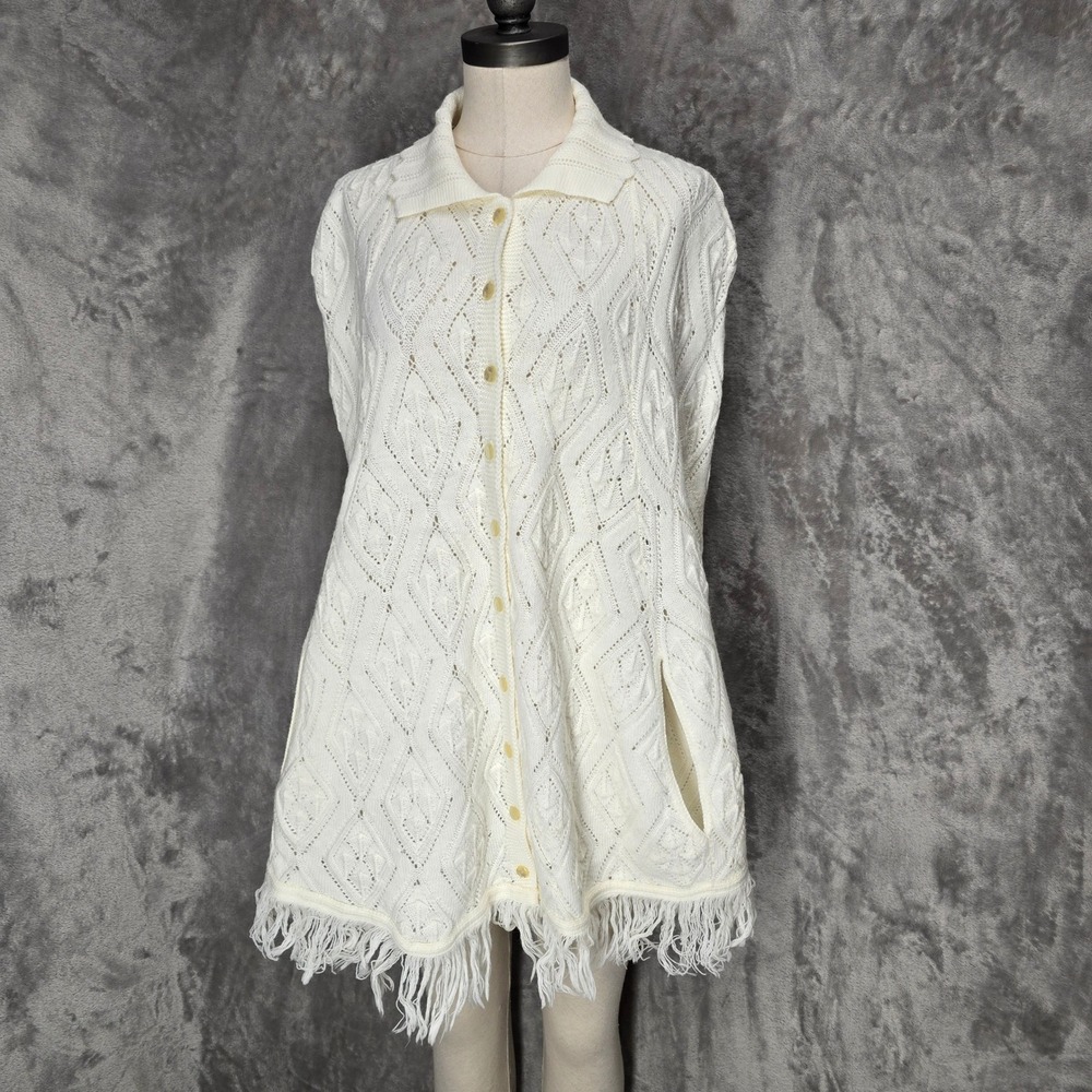 Vintage Cape Poncho Sweater Women OS White Fringe Knit Layer Retro Boho Cottage